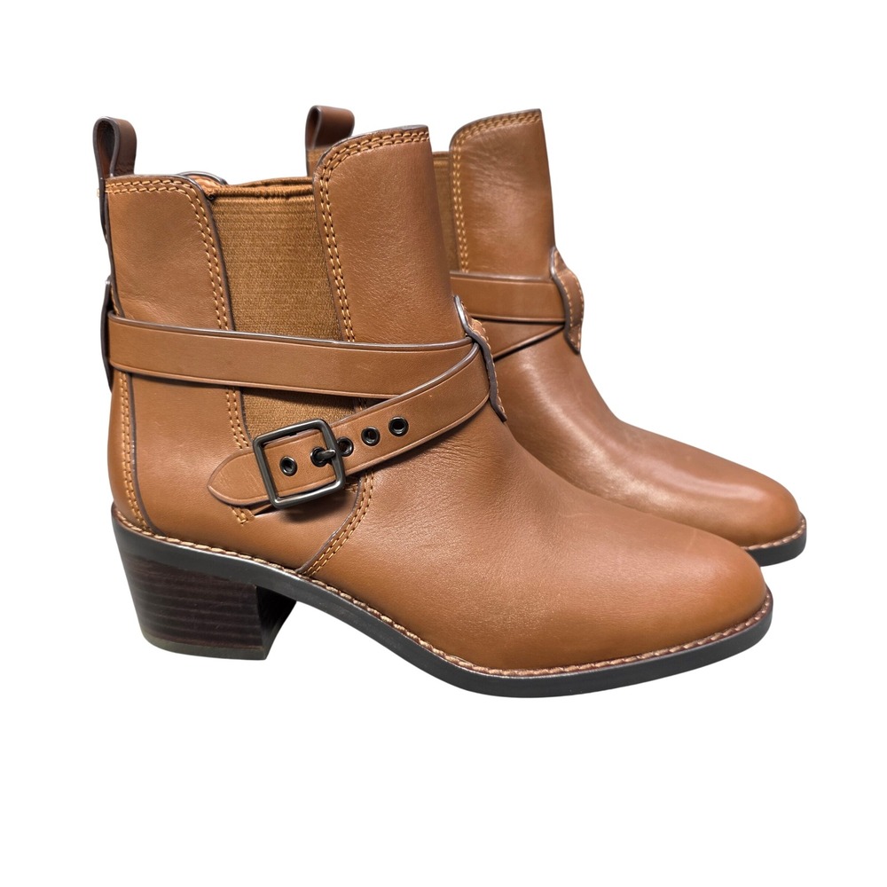 Coach Womens Leather Ankle Boots Brown Buckle Strap Block Heel Size 8